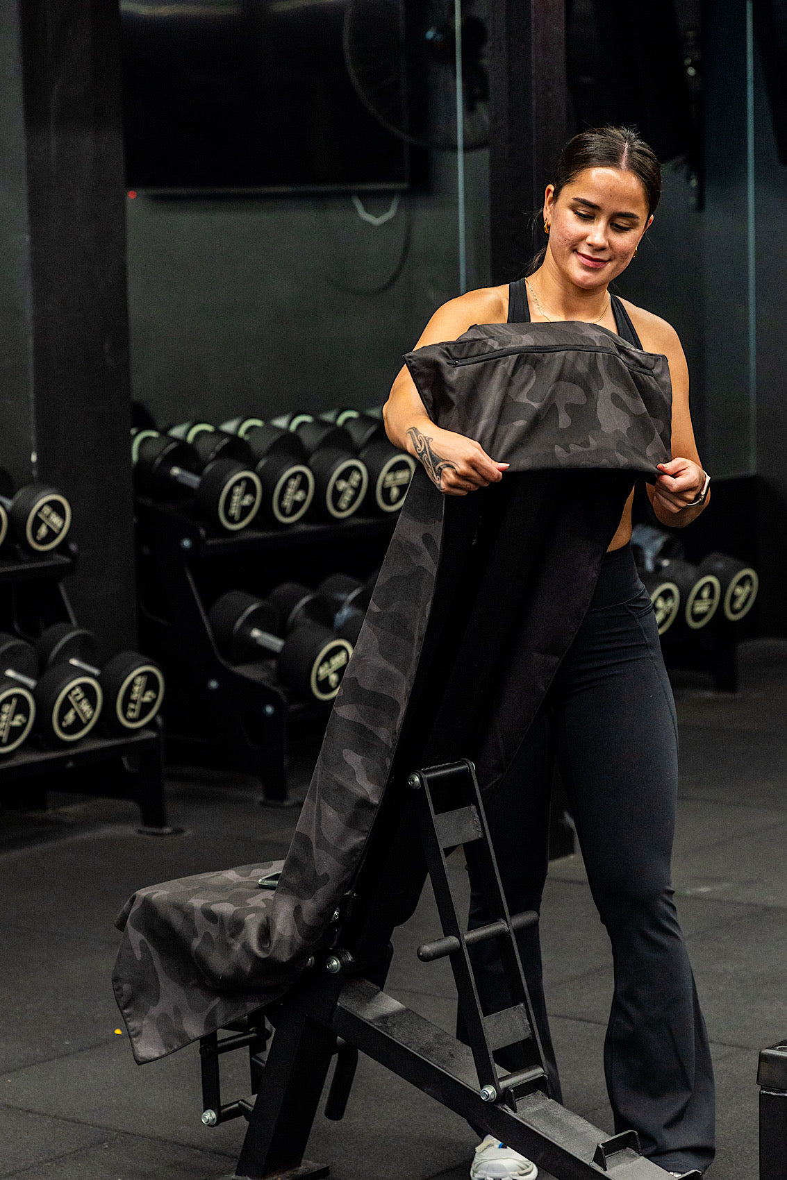 Black Camouflage Hooded Gym Towel With Zip Pocket - Cheeky Winx