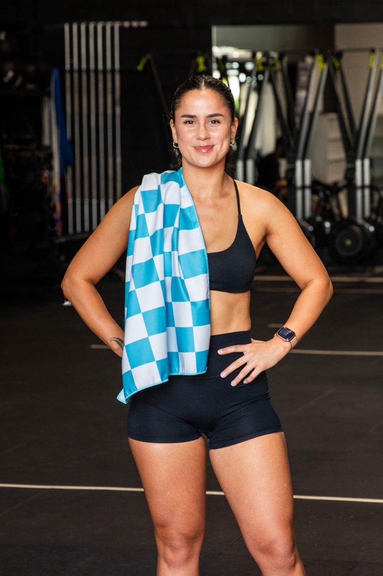 Blue Checkers quick-dry gym towel 90x50cm reversible by Cheeky Winx Australia