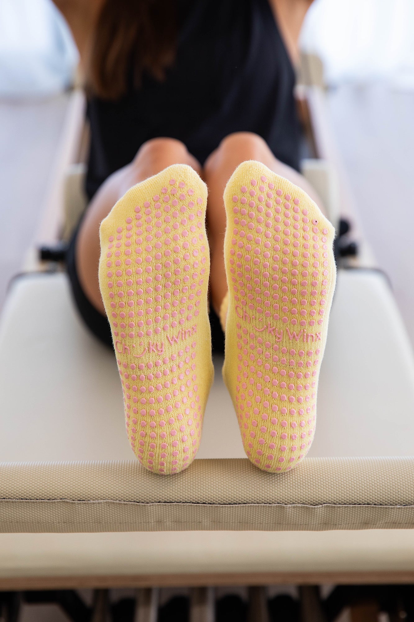 Crew Yellow and Pink non-slip grip socks for Pilates reformer and barre by Cheeky Winx Australia