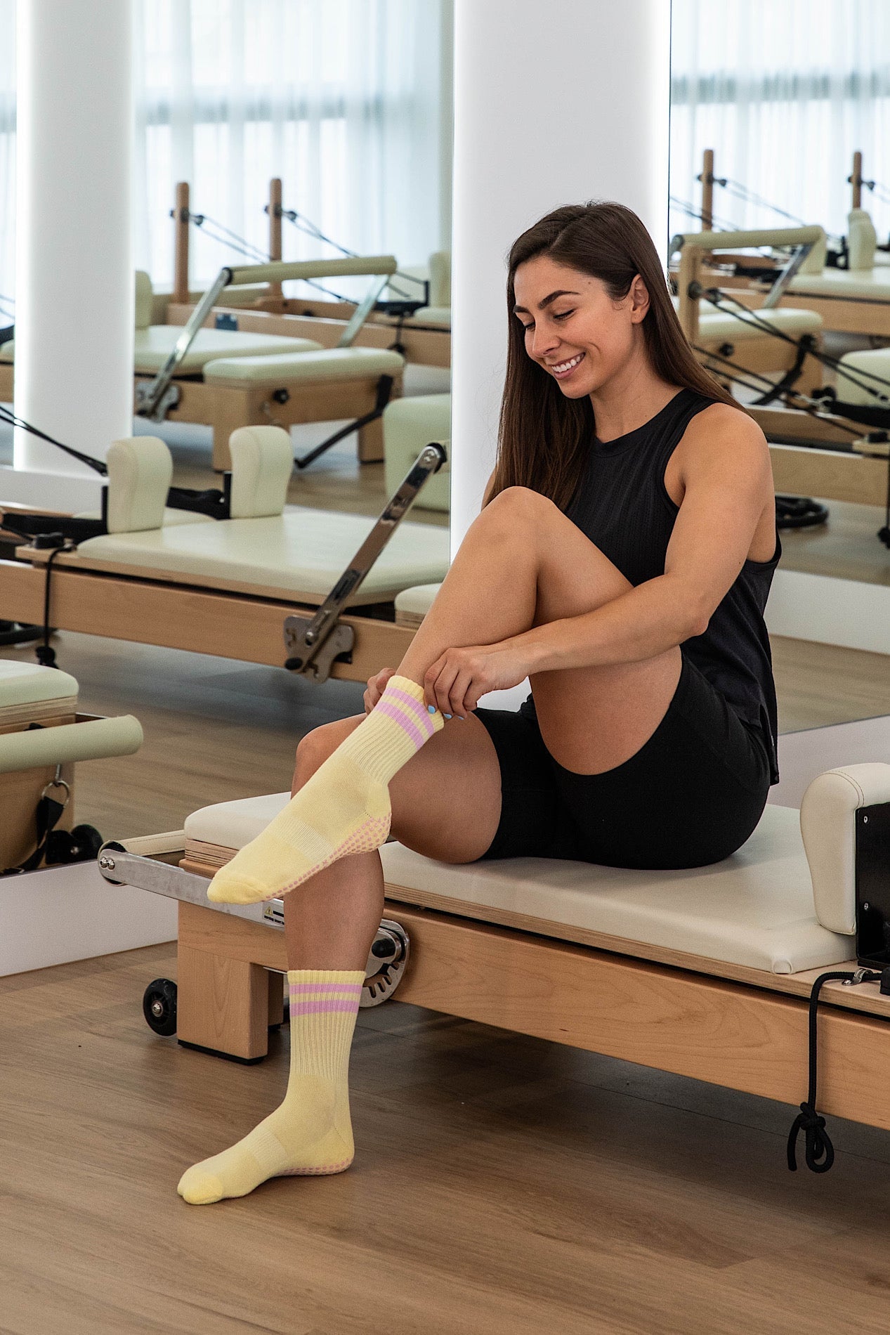 Crew Yellow and Pink non-slip grip socks for Pilates reformer and barre by Cheeky Winx Australia
