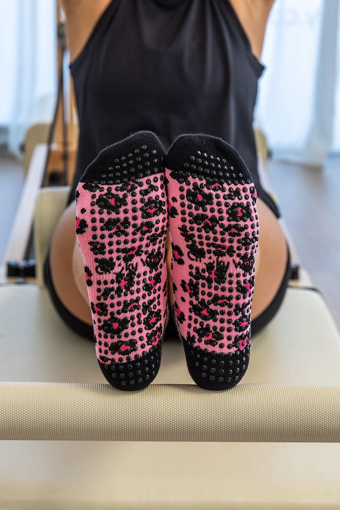 Pink Leopard non-slip grip socks for Pilates reformer and barre by Cheeky Winx Australia