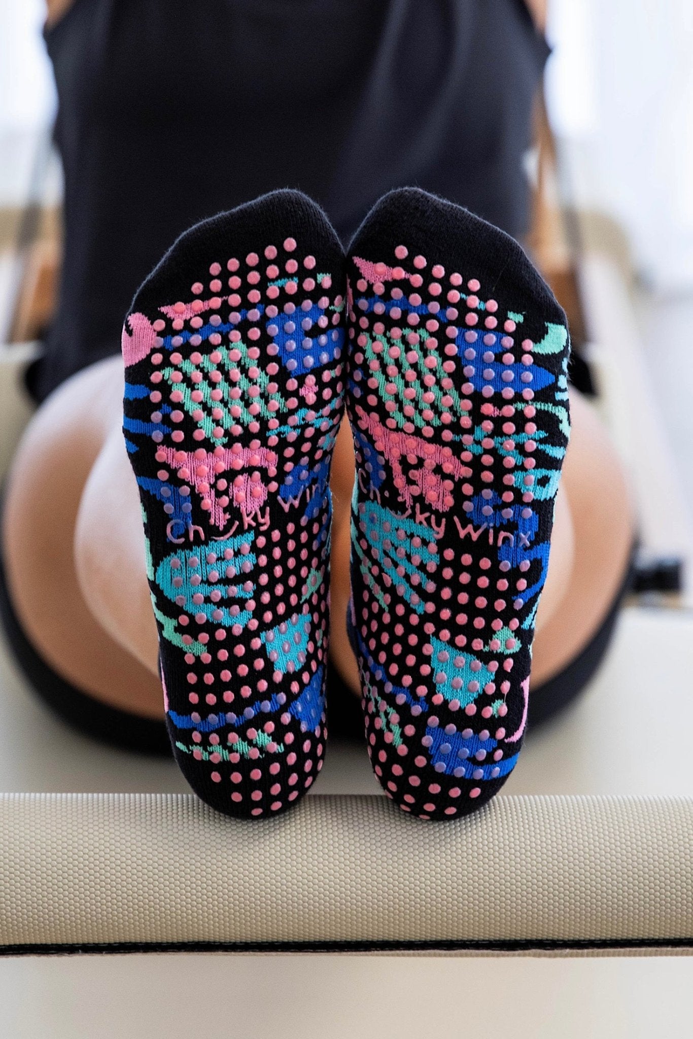 Black Fiesta X Deb McNaughton non-slip grip socks for Pilates reformer and barre by Cheeky Winx Australia