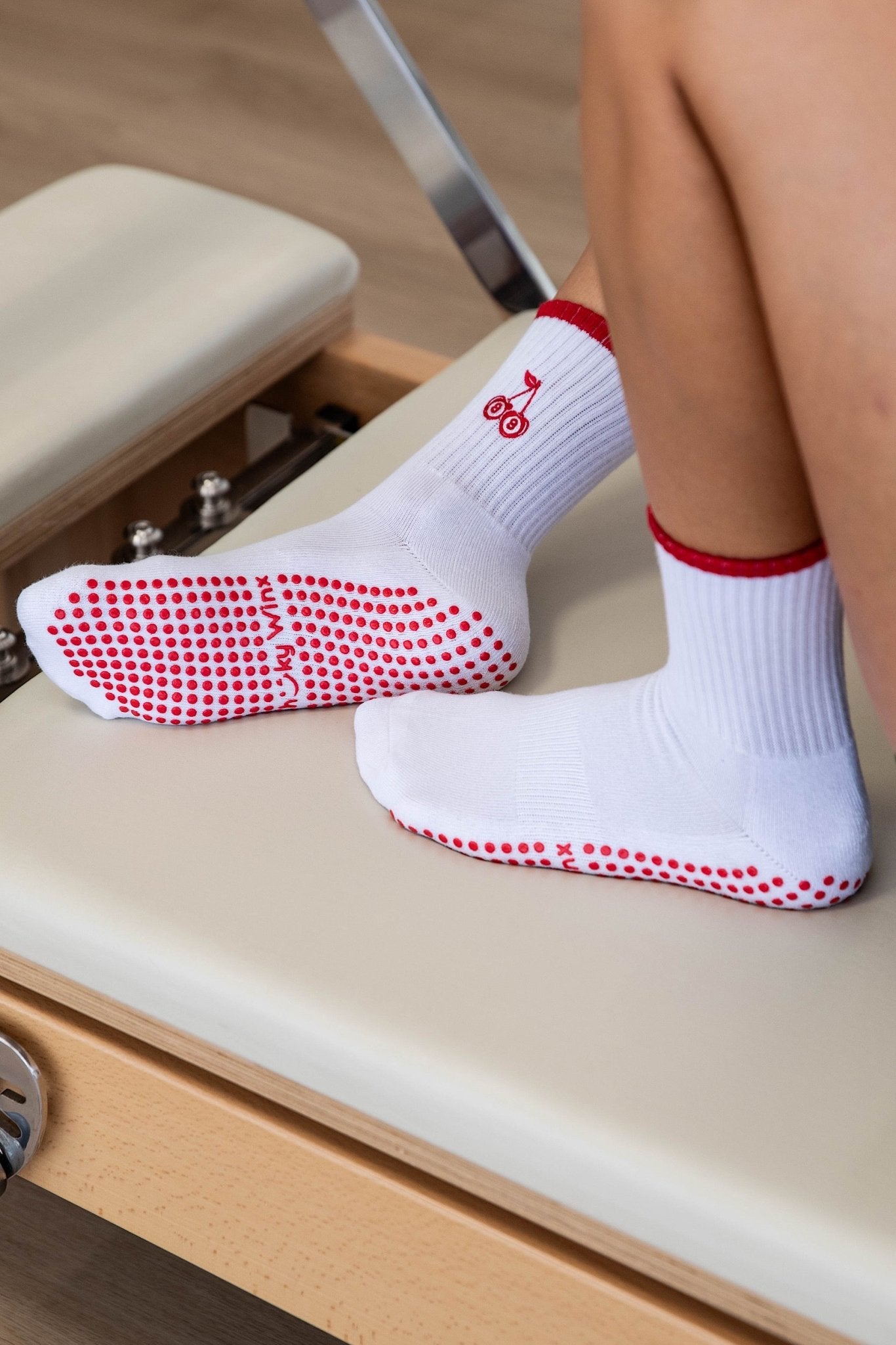 Cherry non-slip grip socks for Pilates reformer and barre by Cheeky Winx Australia