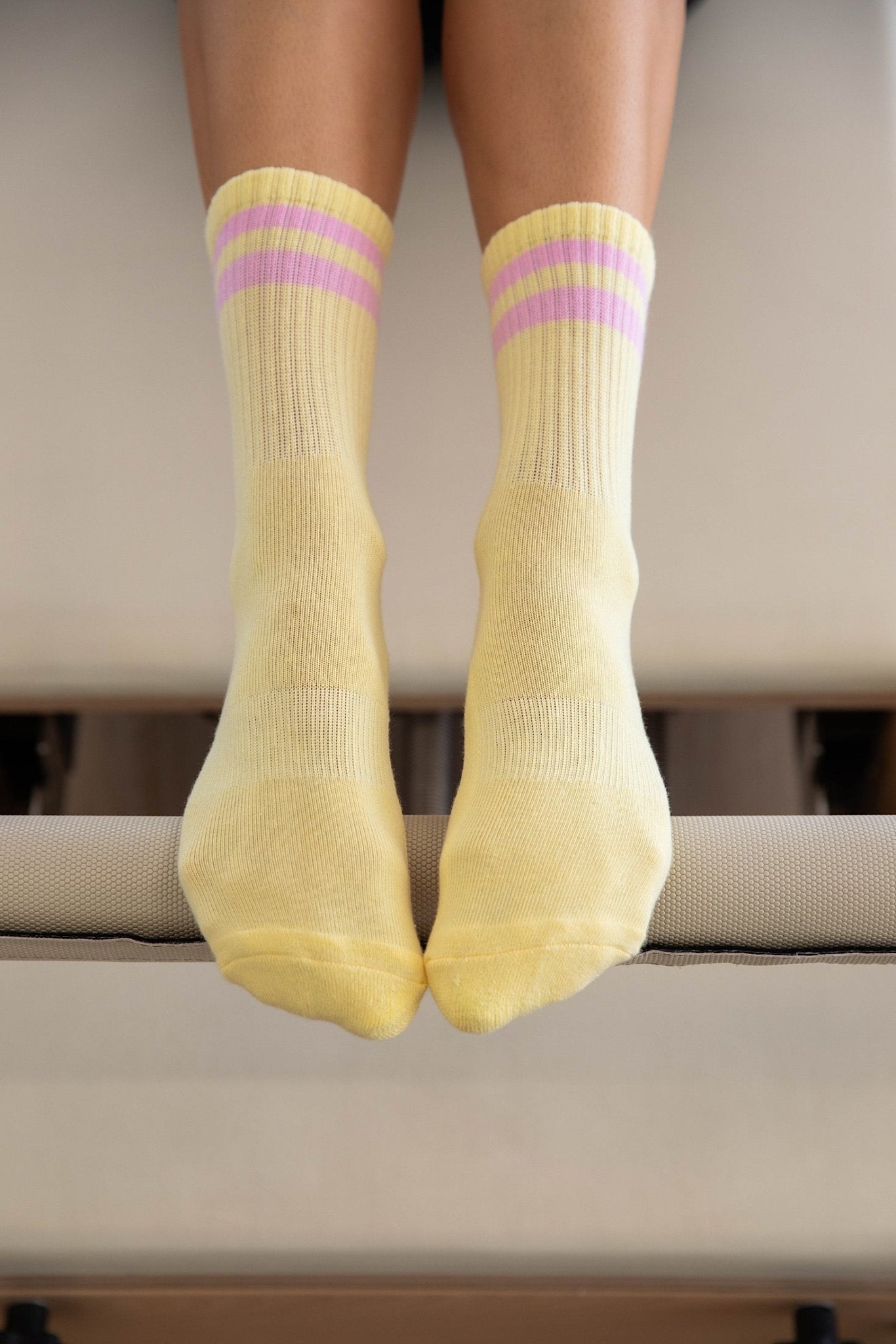 Crew Yellow and Pink non-slip grip socks for Pilates reformer and barre by Cheeky Winx Australia