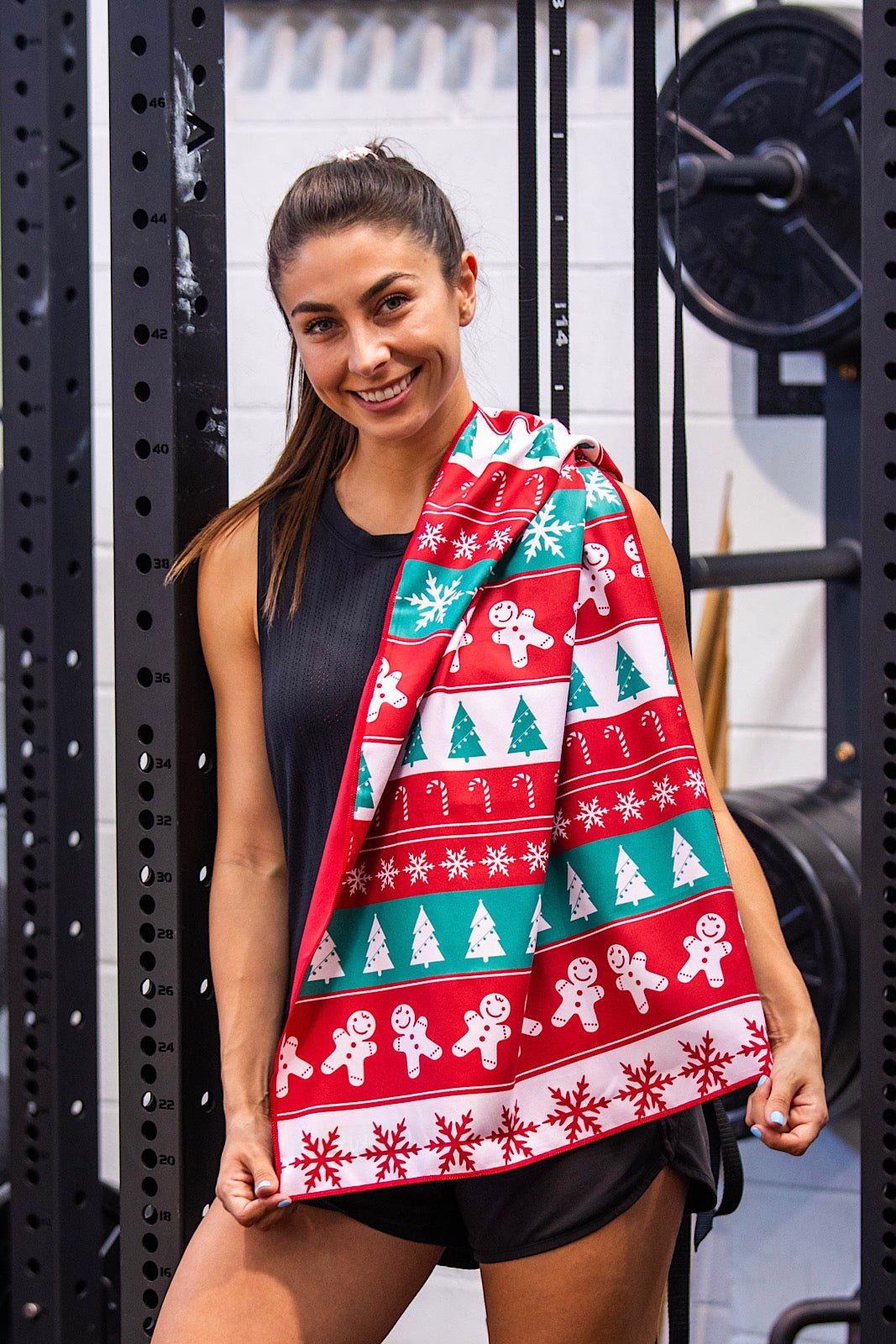 Green Christmas quick-dry gym towel 90x50cm reversible by Cheeky Winx Australia
